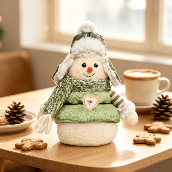 Green Plush Snowman Figurine Christmas Home Decor, Xmas Winter Table Decor, Christmas Decorations Indoor, Farmhouse Snowman Statue, Thoughtful Xmas Present for Family Friends-B