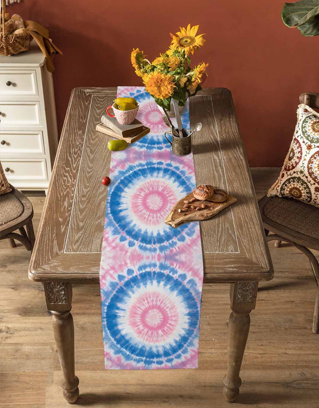 Boanket Pink Blue Ombre Table Runner - 72 Inch Long, Kitchen Dining Table Runner Dresser Scarves, Modern Boho Ethnic Tie Dye Geometric Farmhouse Decor for Coffee Tables Wedding Party Banquet