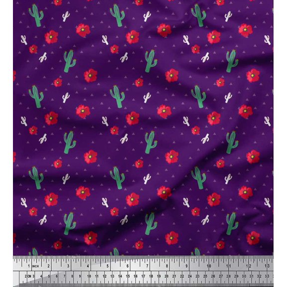 Soimoi Velvet Fabric Triangle,Floral & Cactus Tree Decor Fabric Printed Yard 58 Inch Wide