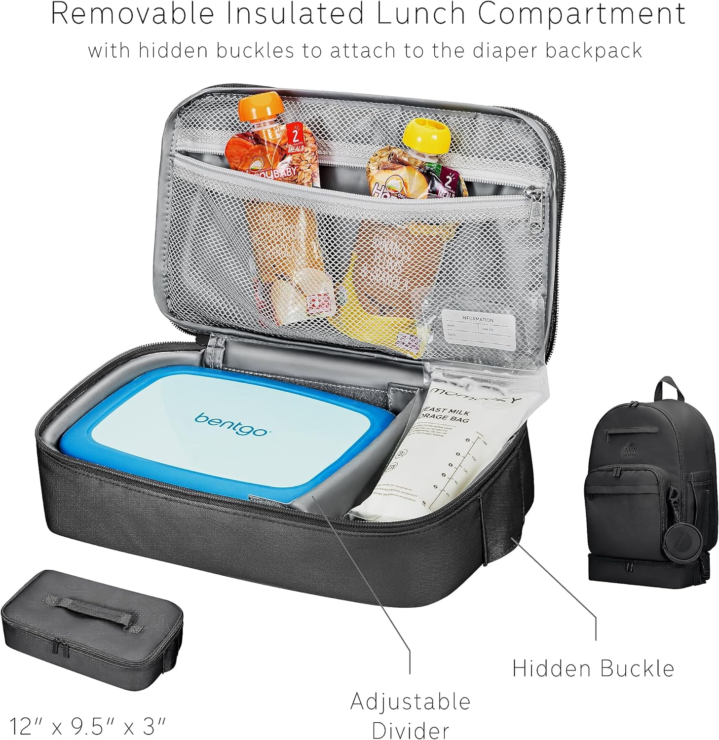uninni Diaper Baby Bag Backpack for Moms and Dads with Baby Boys and Girls, Portable Changing Pad, Removable Waterproof Pacifier Case, Stroller Straps, Insulated Bottle Pockets, Black