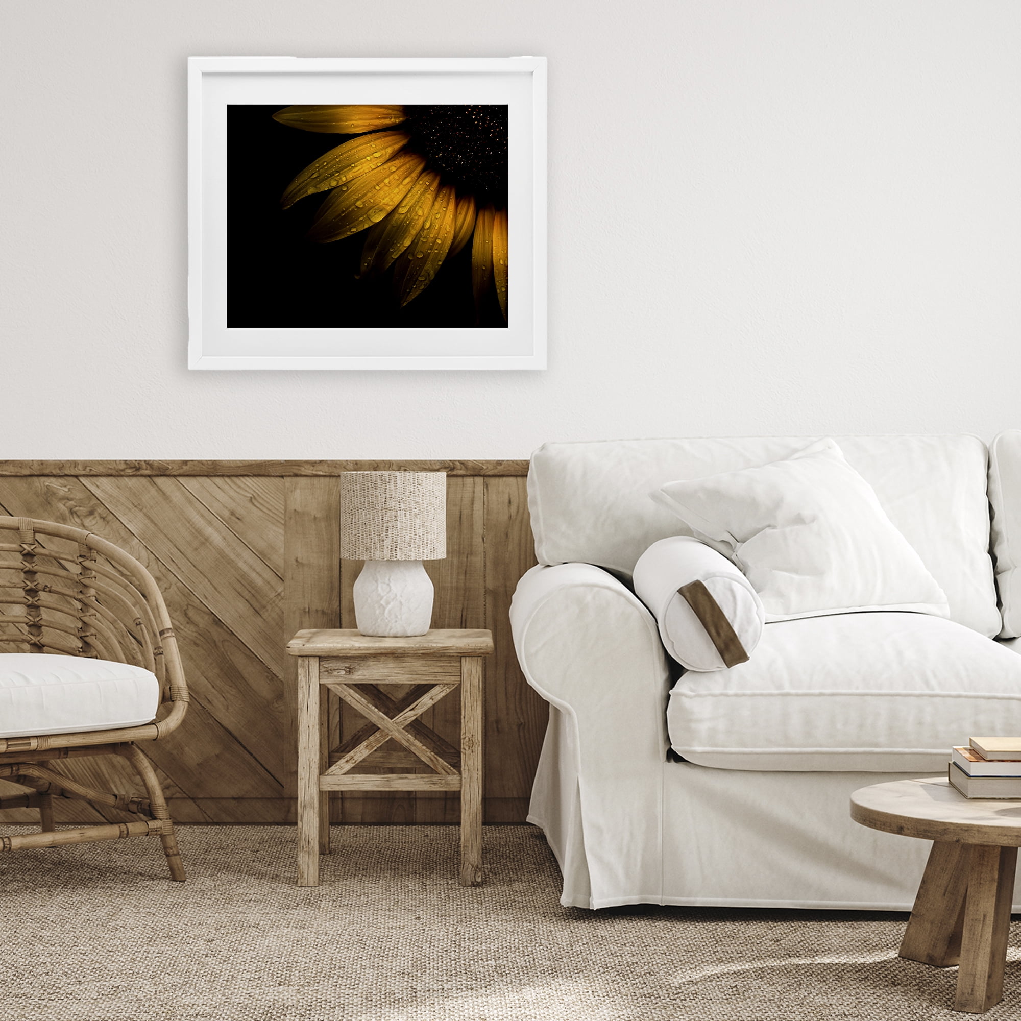 Water Droplets on Sunflower White Framed Print Under Glass, design by Brian Carson Photography