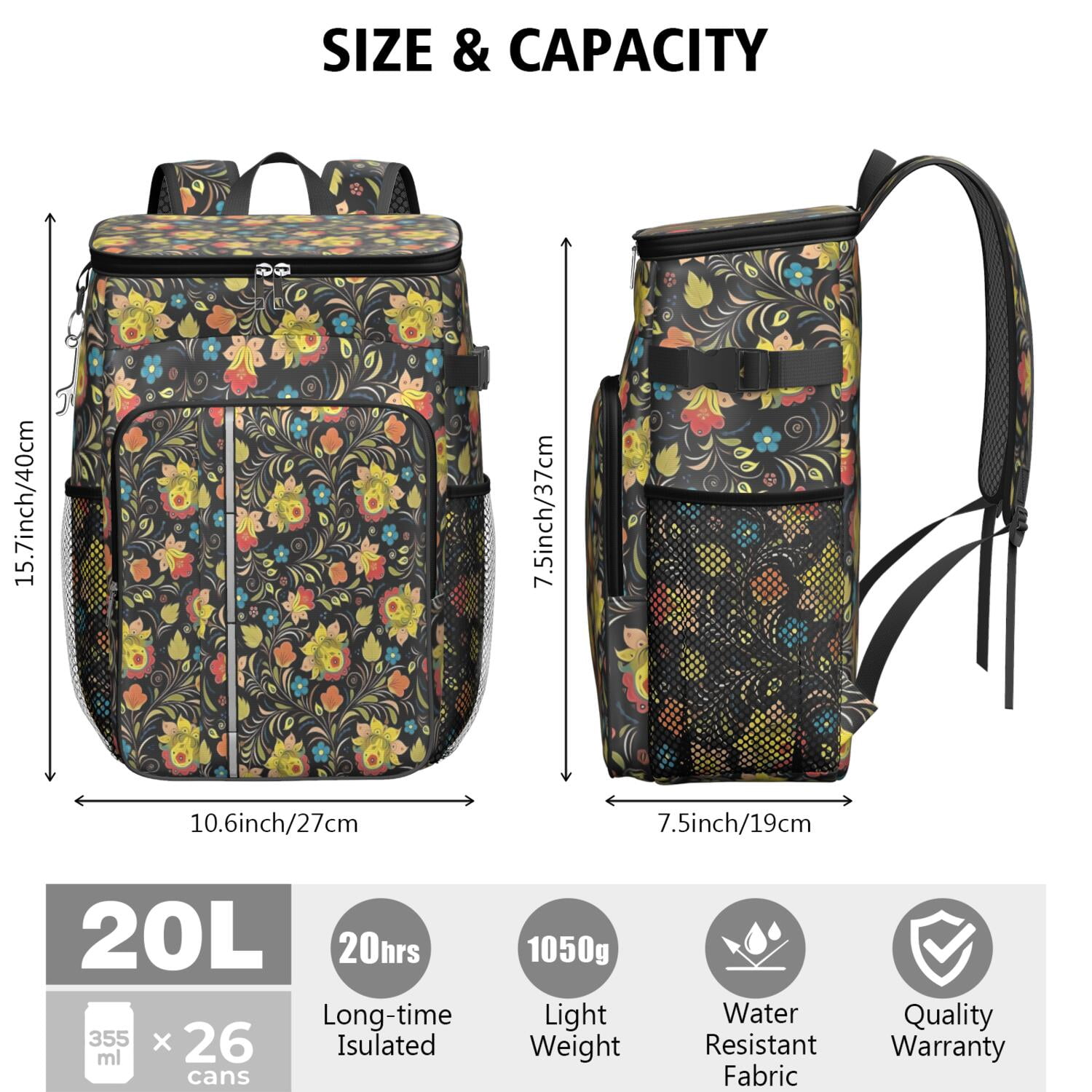 Travel Cooler Bag - Pioneer Flower Floral Print Pattern Camping Beer Cooler Backpack with Bottle Opener- Waterproof Insulated Picnic Backpacks - Cooler Bag for Beach