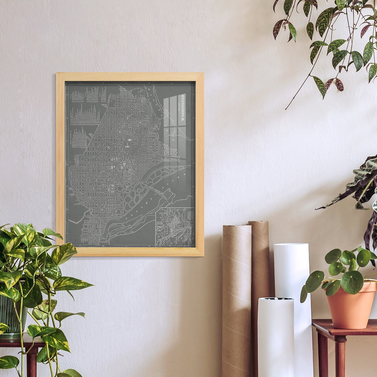 City Map of Washington D.C. -Framed Print w/glass-Natural Wood