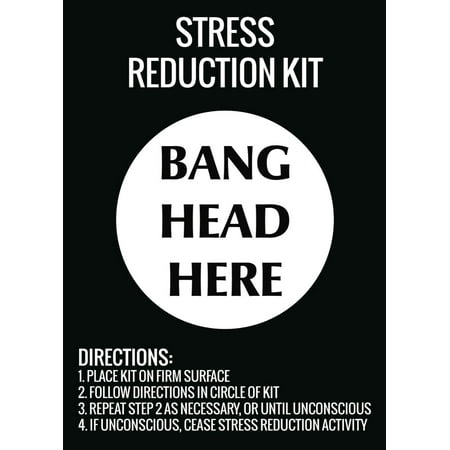 stress reduction kit bang head here wall hanging print funny