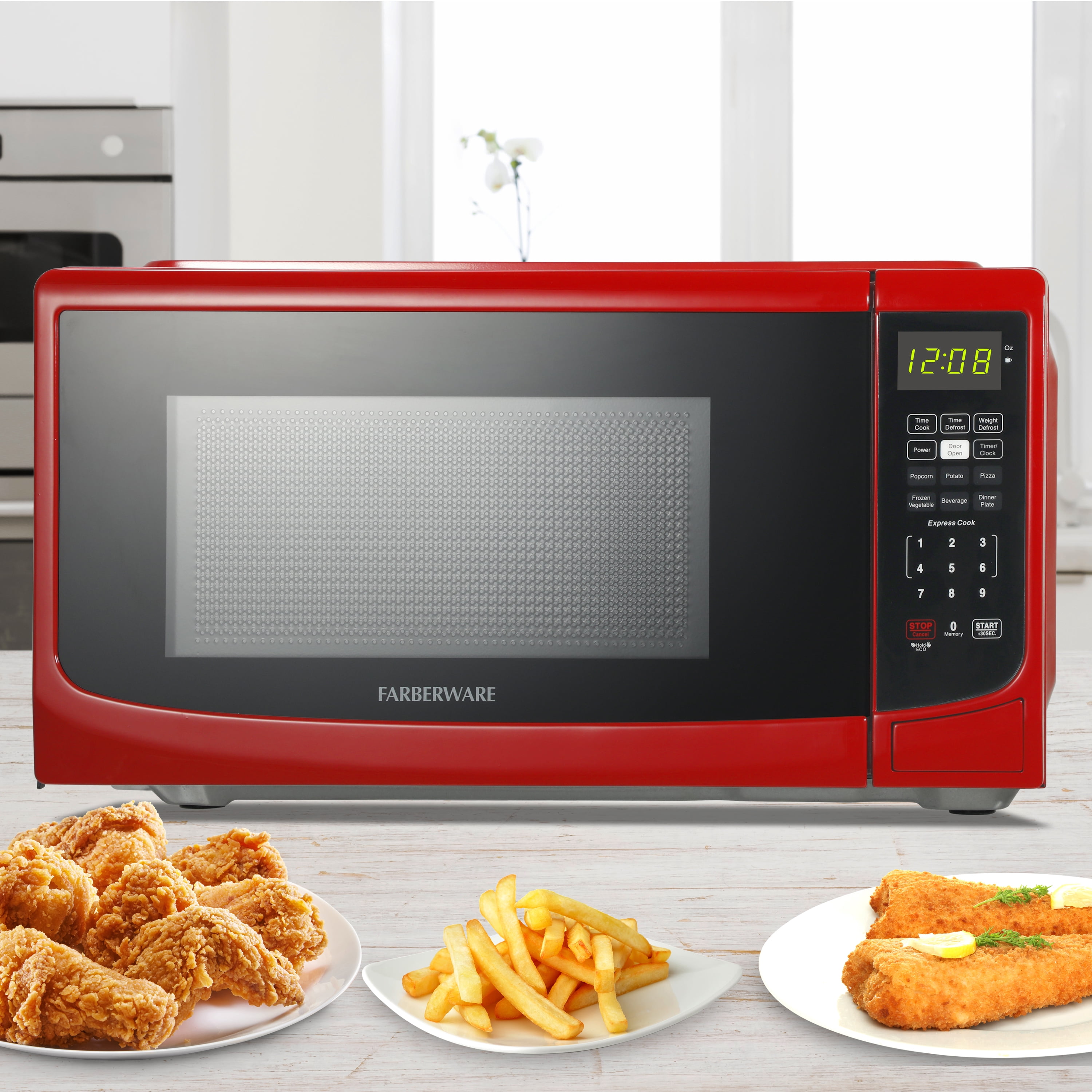 Farberware 0.7 cu ft Microwave Oven, 700W Countertop Microwave Oven with LED display, Red