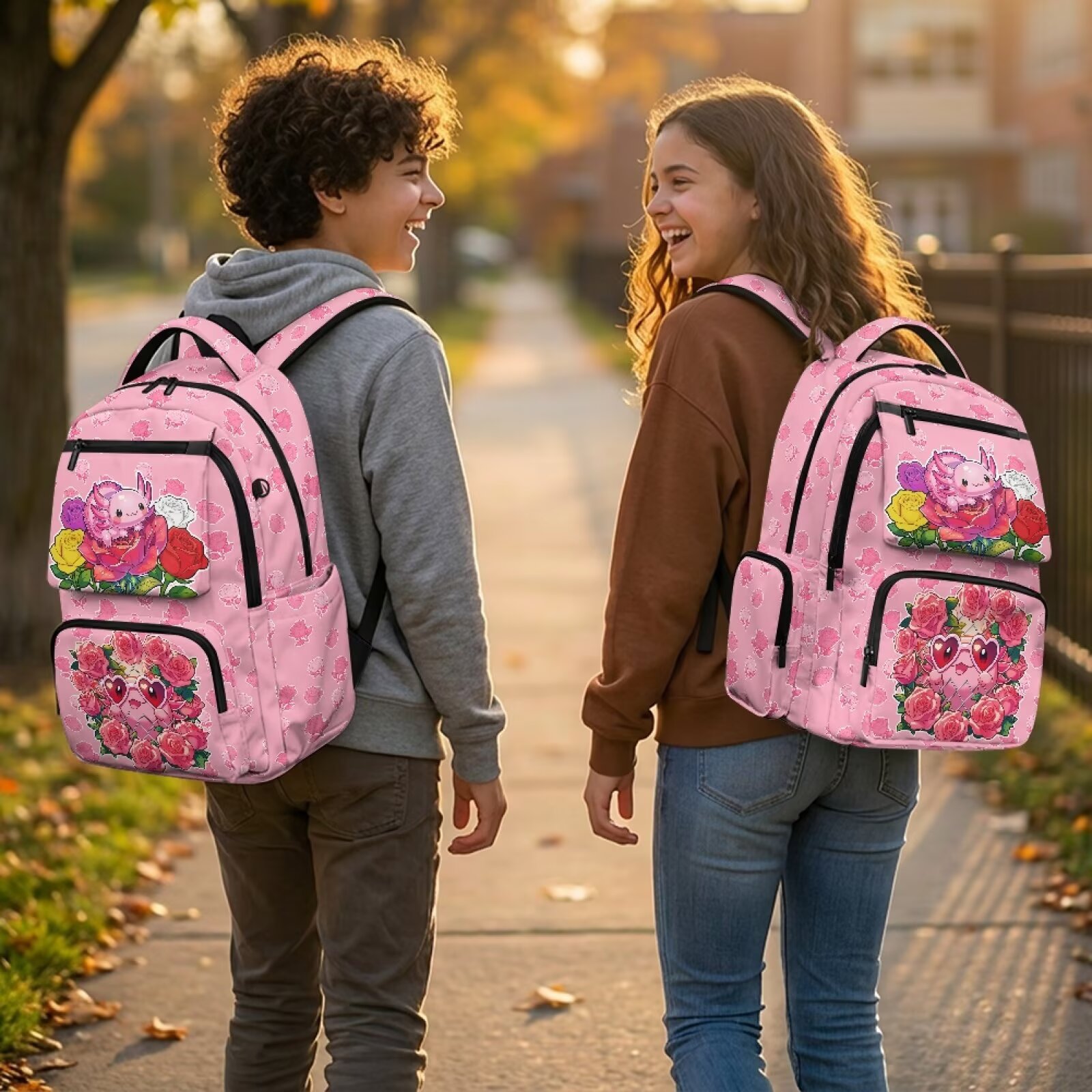 Mochilas Axolotl con flores de rosa para niñas, casuales y portátiles, bolsos escolares de 17 pulgadas, mochilas de hombro con cierre y transpirables para estudiantes 3