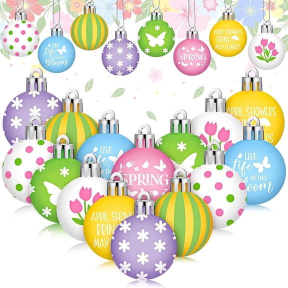 nvzhuang Spring Ball Ornaments Set Flower Butterfly Letter Stripe Print Hanging Decorations for Tree Home Holiday