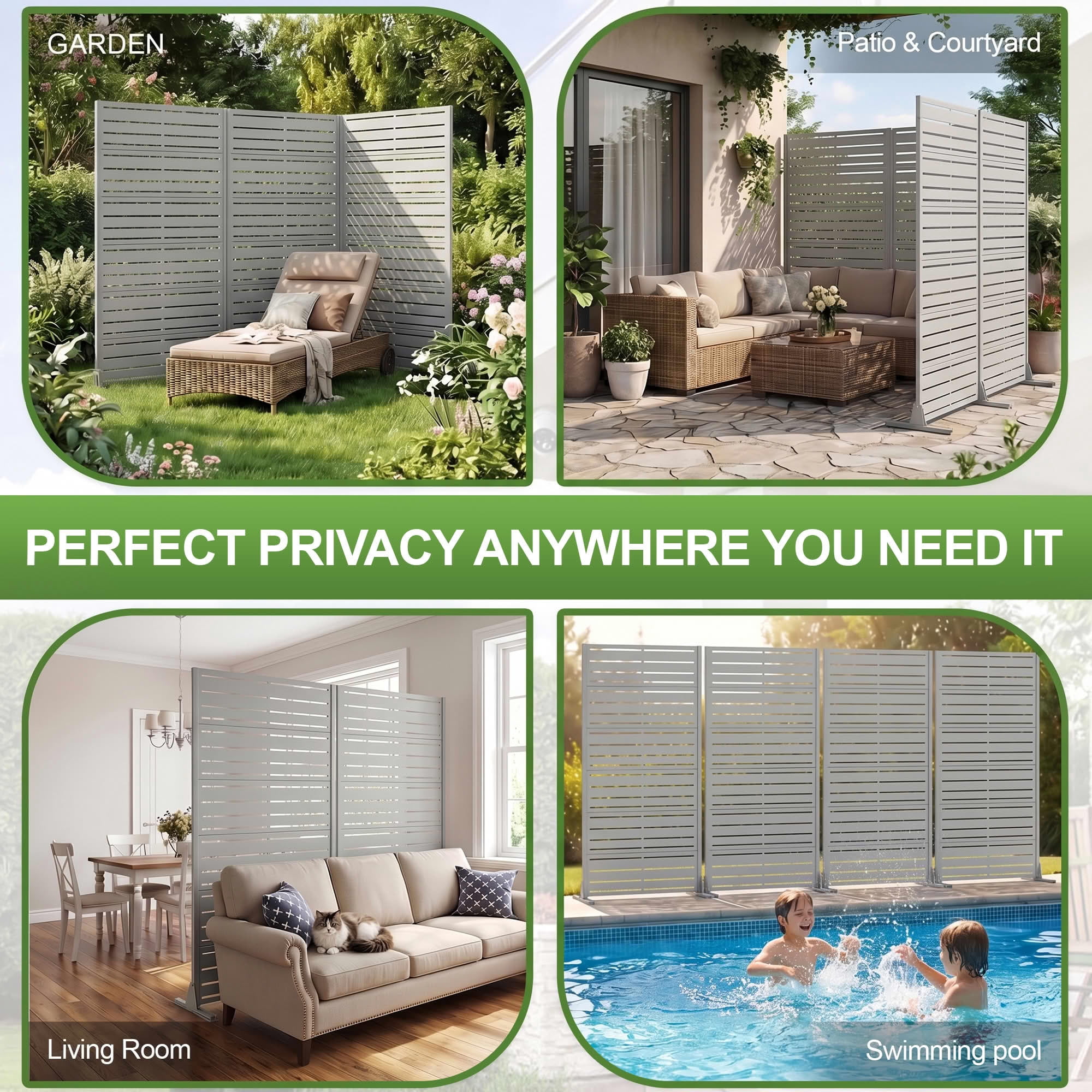 MAYEERTY 2-Piece 72"x35" Privacy Screen, Gray 6-Panel Galvanized Steel Louvered Fence, Wide-1 Narrow-2, Freestanding for Patio Backyard