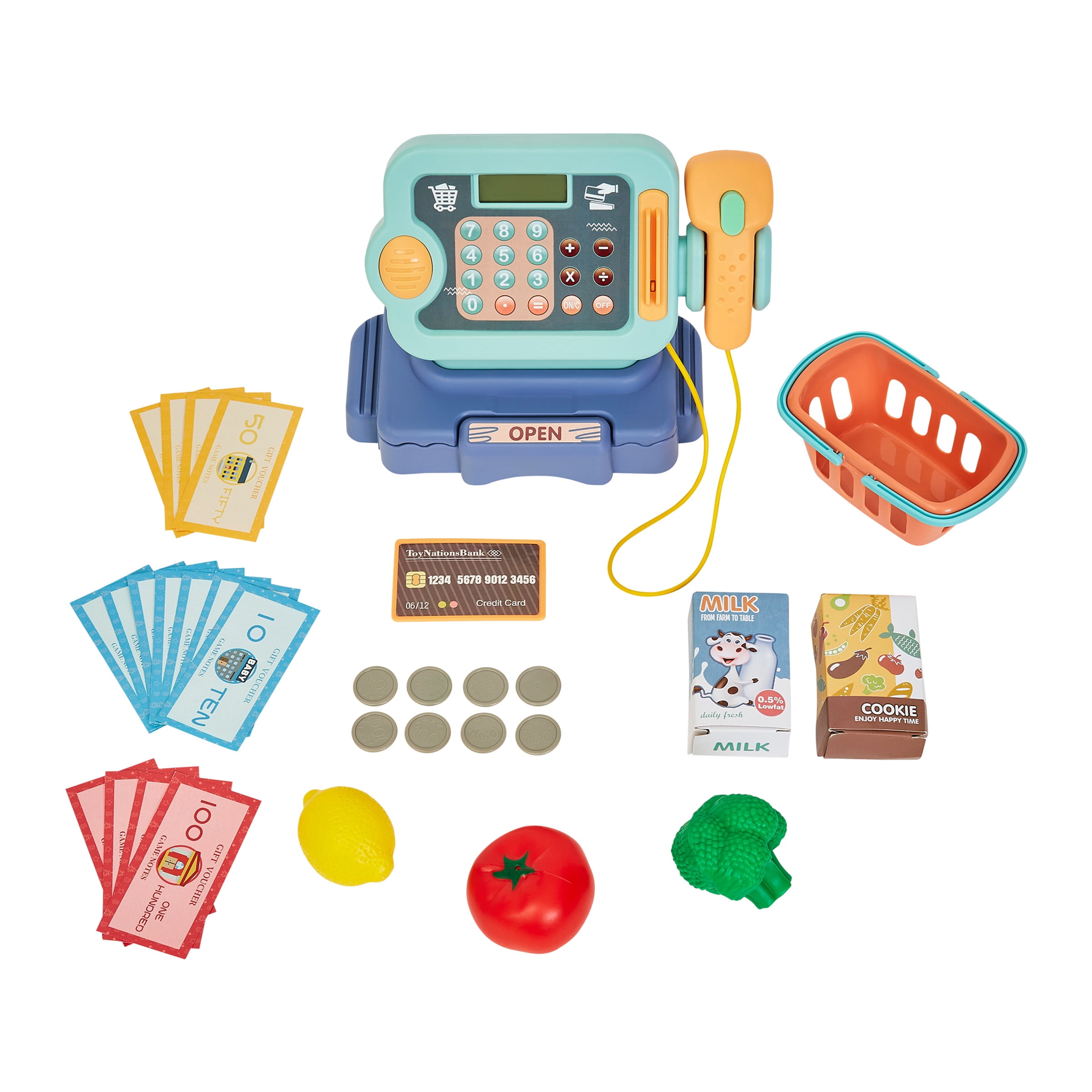 Cash Register for Kids – 30-Piece Set for Grocery Store Pretend Play with Shopping Basket, Toy Money, and Working Calculator by Hey Play (Blue)