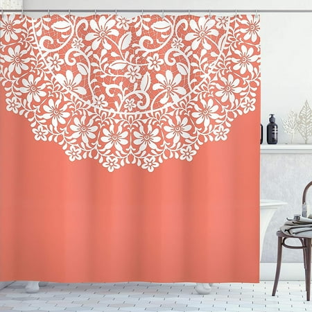 

WBTAYB Vintage Shower Curtain Mandala Inspired Round Motif in Half Ornamental Flowers Graphic Border Print Cloth Fabric Bathroom Decor Set with 69 W x 70 L Salmon White