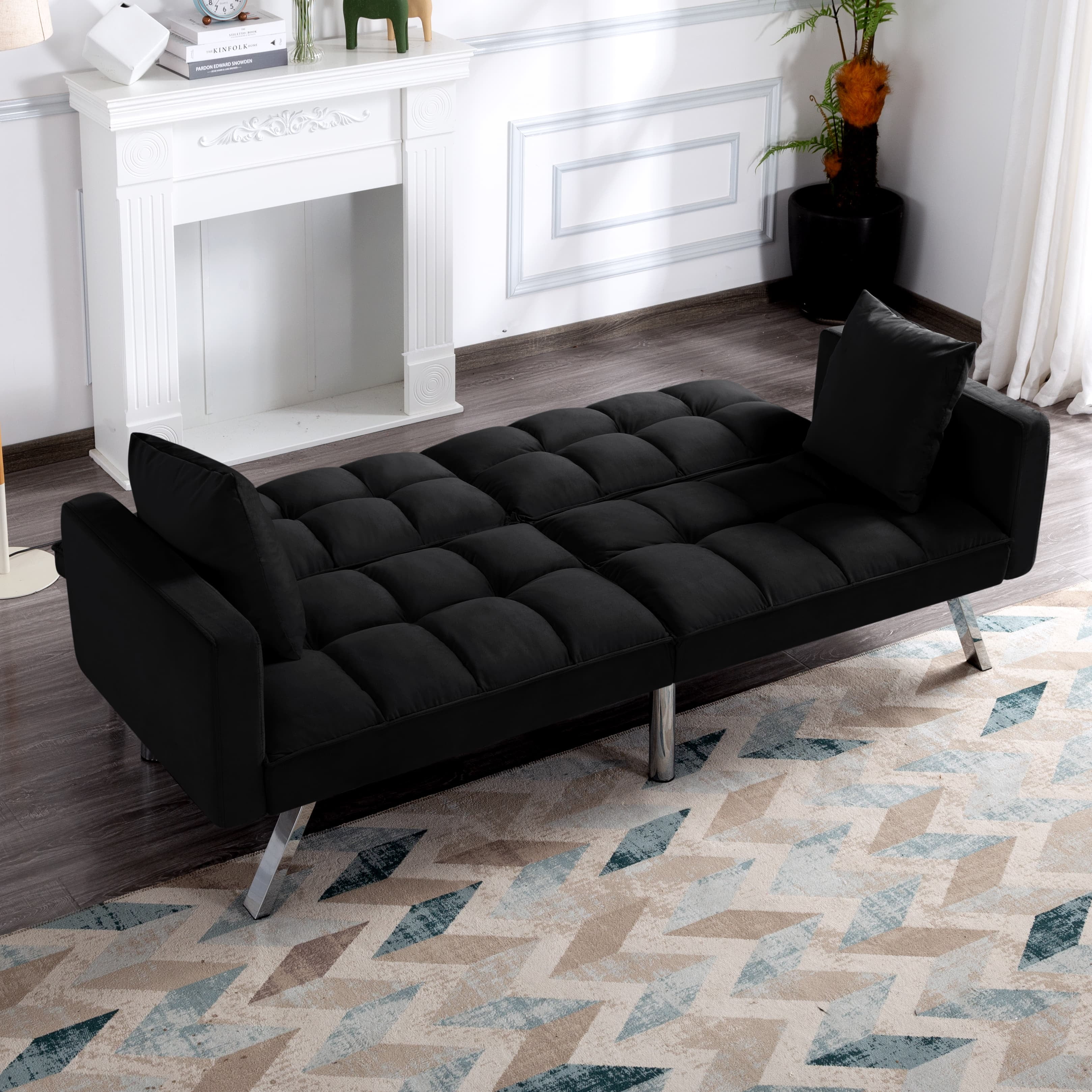 BSHTI Velvet Futon Sofa Bed 74” Convertible Sleeper – Split-Back 3-Position Adjustable, Solid Wood Frame, 2 Pillows, Easy Assembly, for Living Room Office Guest Room(Black)