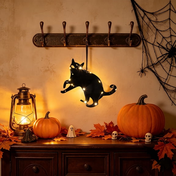 romoty Halloween Lighted Hanging Ornament, 7.1 in Black Cat Silhouette Acrylic LED Window Lamp with Warm Fairy Lights for Spooky Porch Front Door Wall Party Decor Accent