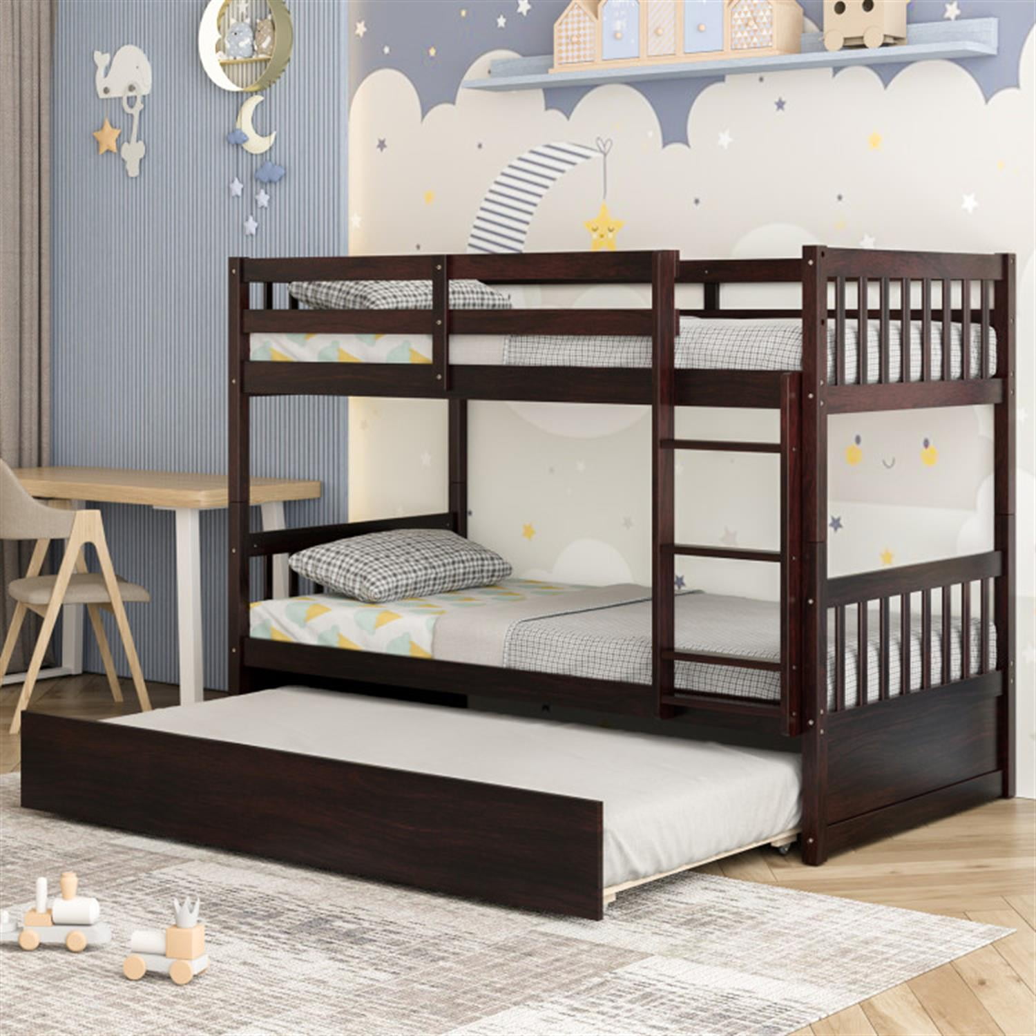 Demi Bonn Twin Pull-Out Bunk Beds with Ladder in the Steps and a Trundle, Twin Over Twin Bunk Bed Platform, White