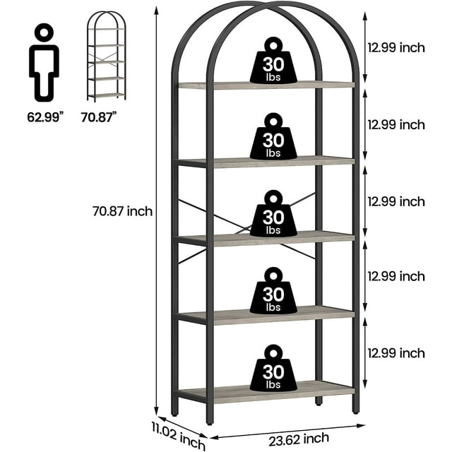 5 Tier Bookshelf, Arched Metal Frame Bookcase with Wood Shelf, Tall Standing Storage Rack