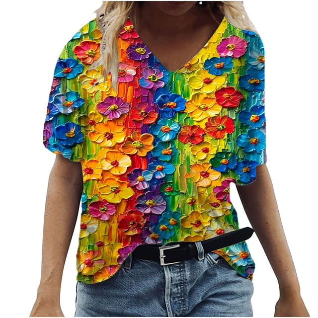 Camisetas de Cuello en V para las Mujeres Más Talla Impresa de Verano, Suelta Casual Camiseta de Manga Corta para Todas las Estaciones