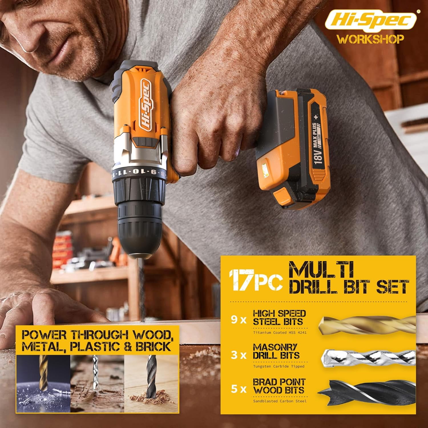 Cordless Power Drill, 18V Electric Drill with Battery And Charger, Includes Driver/Drill Bit Set for Wood, Steel and Concrete. In a Carrying Case for Home Repair, 58-Piece