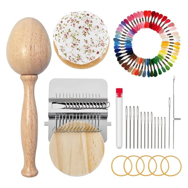 Mini Darning Loom,Mushroom Knit Patch Kit with 14 Hooks Small Weaving Loom 14 Pcs Large Eye Needles 50 Color Threads for Handcraft DIY Weaving Repair Tool Darning Kit for Beginners Mending Jeans Socks