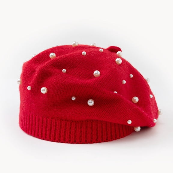 Women Elegant Beaded Pearl Hat Knitted French Beret Artist Cap for Wedding Party