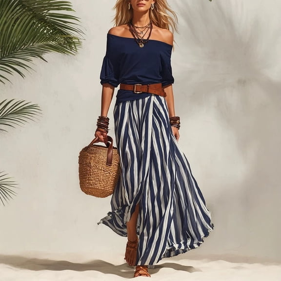 Morttic Women's Bohemian 2 Piece Outfit – Off Shoulder Bubble Short Sleeve Top & Striped High Slit Maxi Skirt with Belt Navy Blue，S