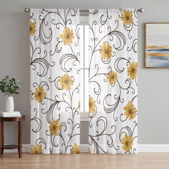 Sheer Curtains 84 Inches Long 2 Panels Set for Living Room, Yellow Daisy Flowers Semi Sheer Curtains for Windows, Spring Floral Elegant Pastoral Voile Window Treatments Rod Pocket Curtain