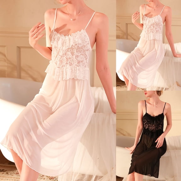 YHAJDS Sleep Dress Casual Sleepwear Solid Color Mesh Long Sleeve Deep V Lace Panel Nightgown Bridal Robe