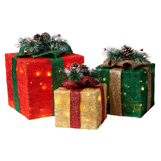 Holiday Time Light-Up LED Sisal Gift Boxes, 3 Count - Walmart.com ...