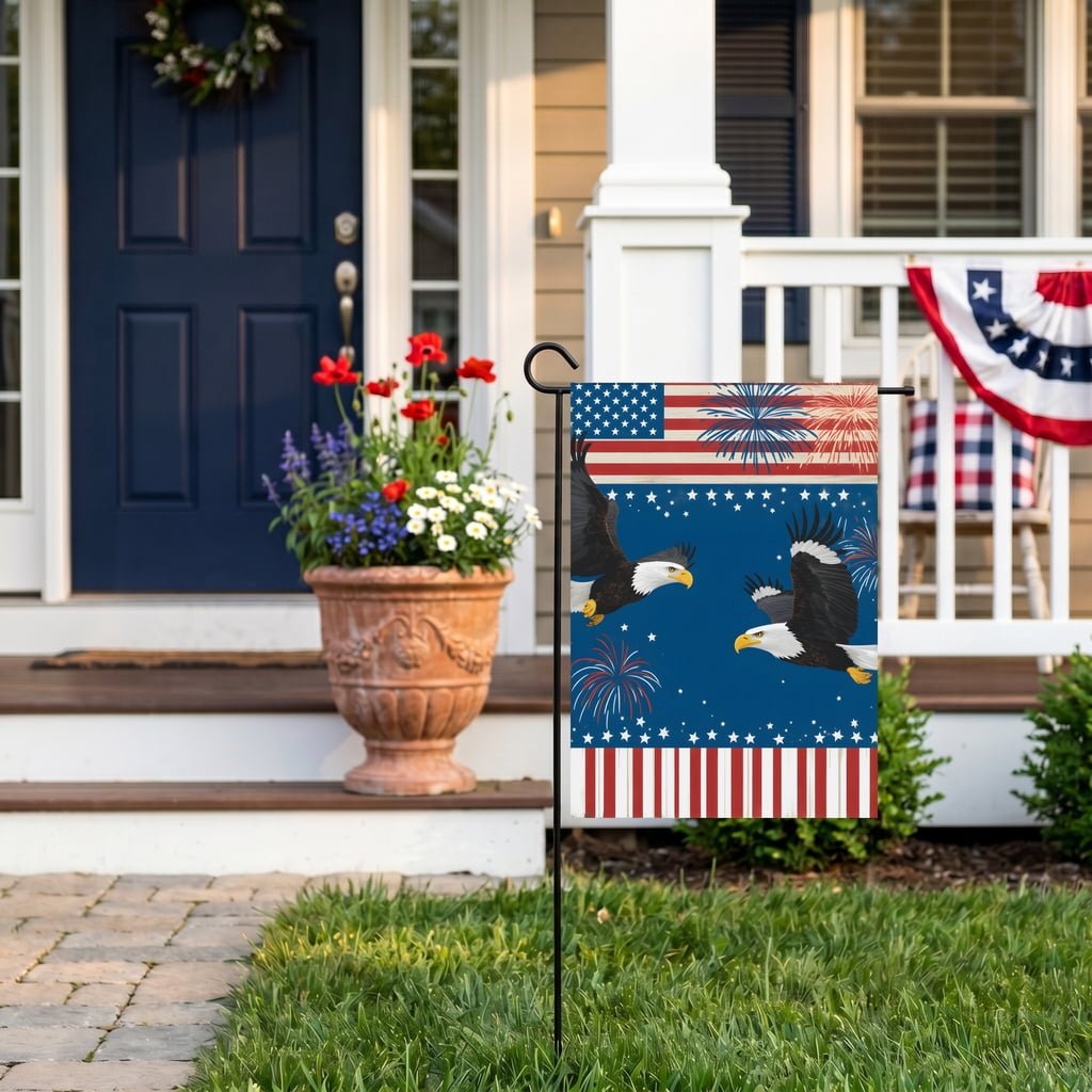 US Garden Flag Two Bald Eagles Flying in Front of an American Flag with Fireworks flag banner 28x40 inch classic size Outdoor Garden Decor
