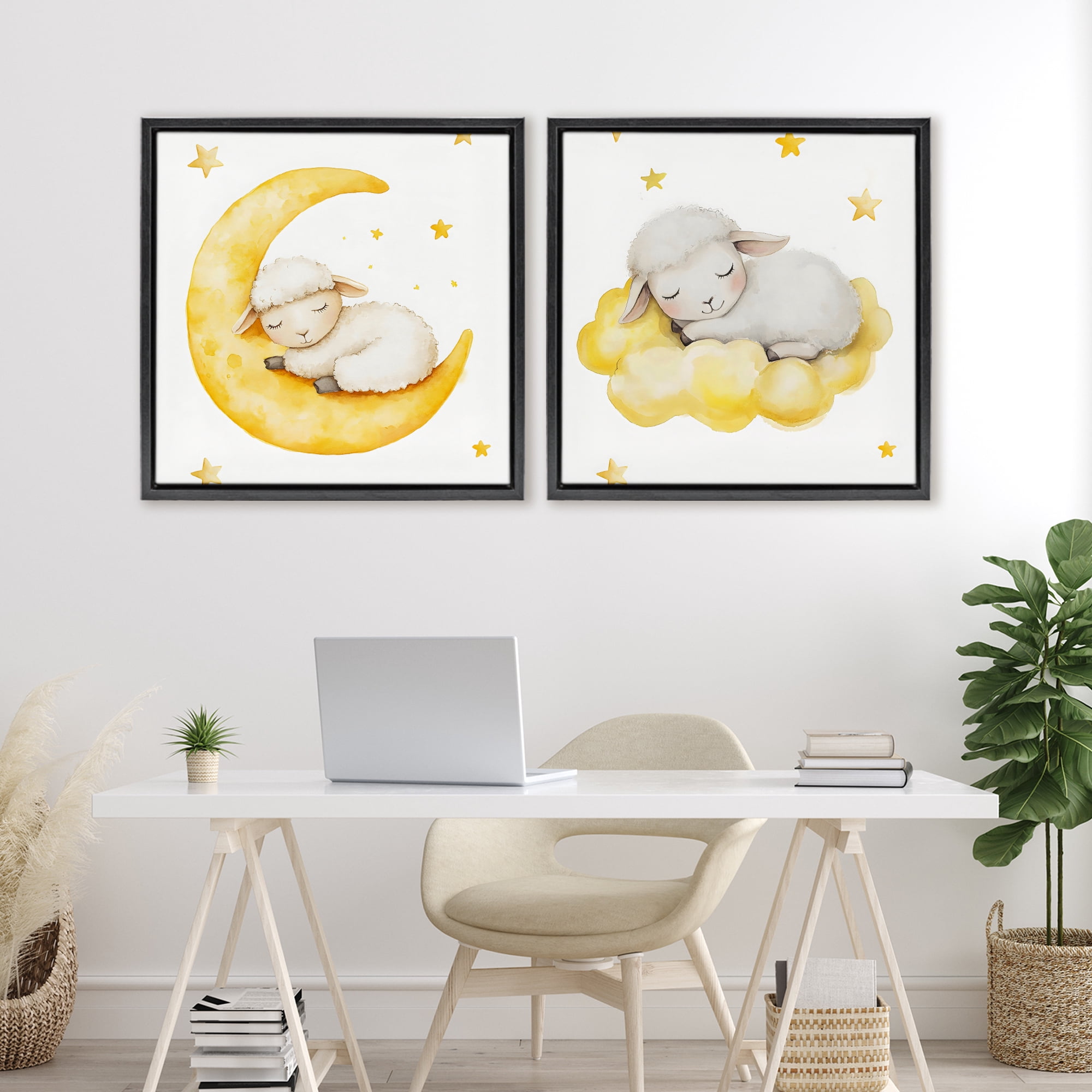Stupell Industries Sleeping Sheep Cloud and Moon 2 Piece Black Framed Floater Canvas Set, design by LSR Design Studio