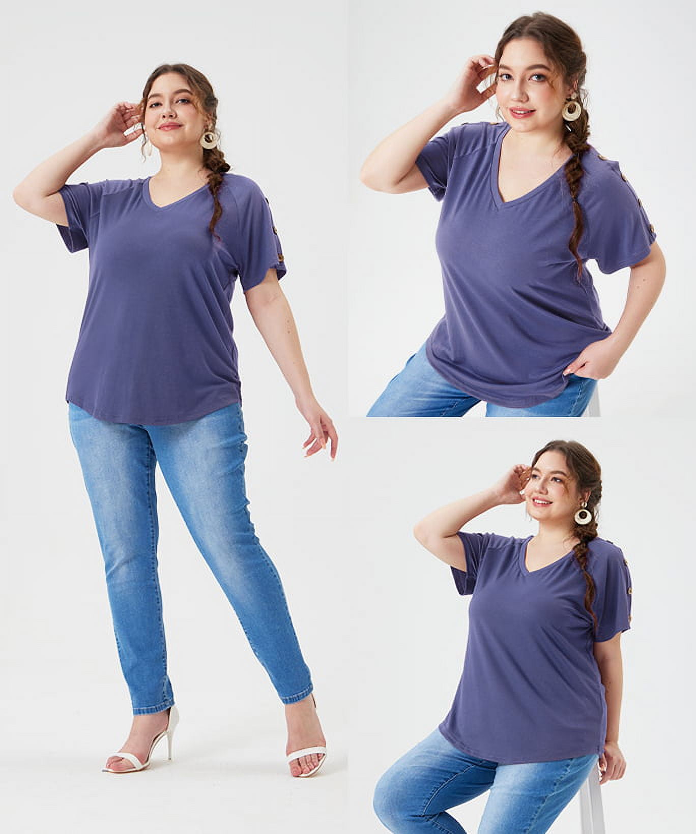 TIYOMI Plus Size 5X Shirts For Women Ruffle Short Sleeve Tops V Neck  Pullover Blue Knitted Summer Tunics 5XL 26W 28W 