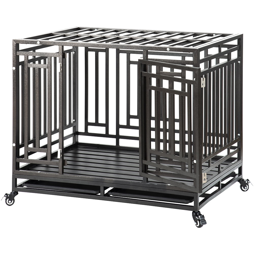 Kepooman 41" Heavy Duty Metal Mobile Dog Crate with 4 Wheels & Trays for Pet, Black Kepooman 41" Heavy Duty Metal Mobile Dog Crate with 4 Wheels & Trays for Pet, Black
