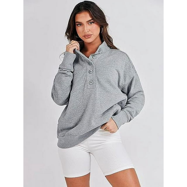 ZAXARRA Womens Button Up Sweatshirt Casual V Neck Long Sleeve Henley Pullover Tops Oversized Solid Color Sweatshirts