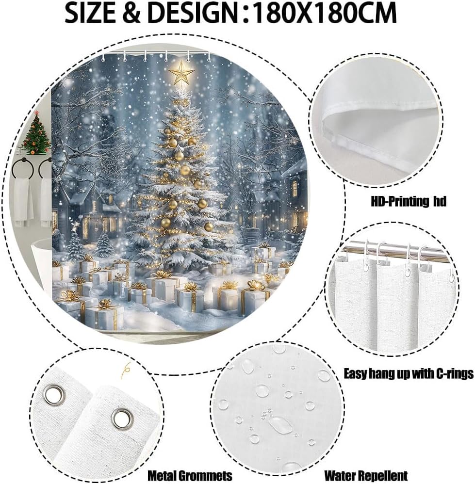 Blue Christmas Shower Curtain Gold Christmas Tree Standing in Snowflakes Holiday Bathroom Decor, Farmhouse Winter Bathroom Accessories 70X70IN