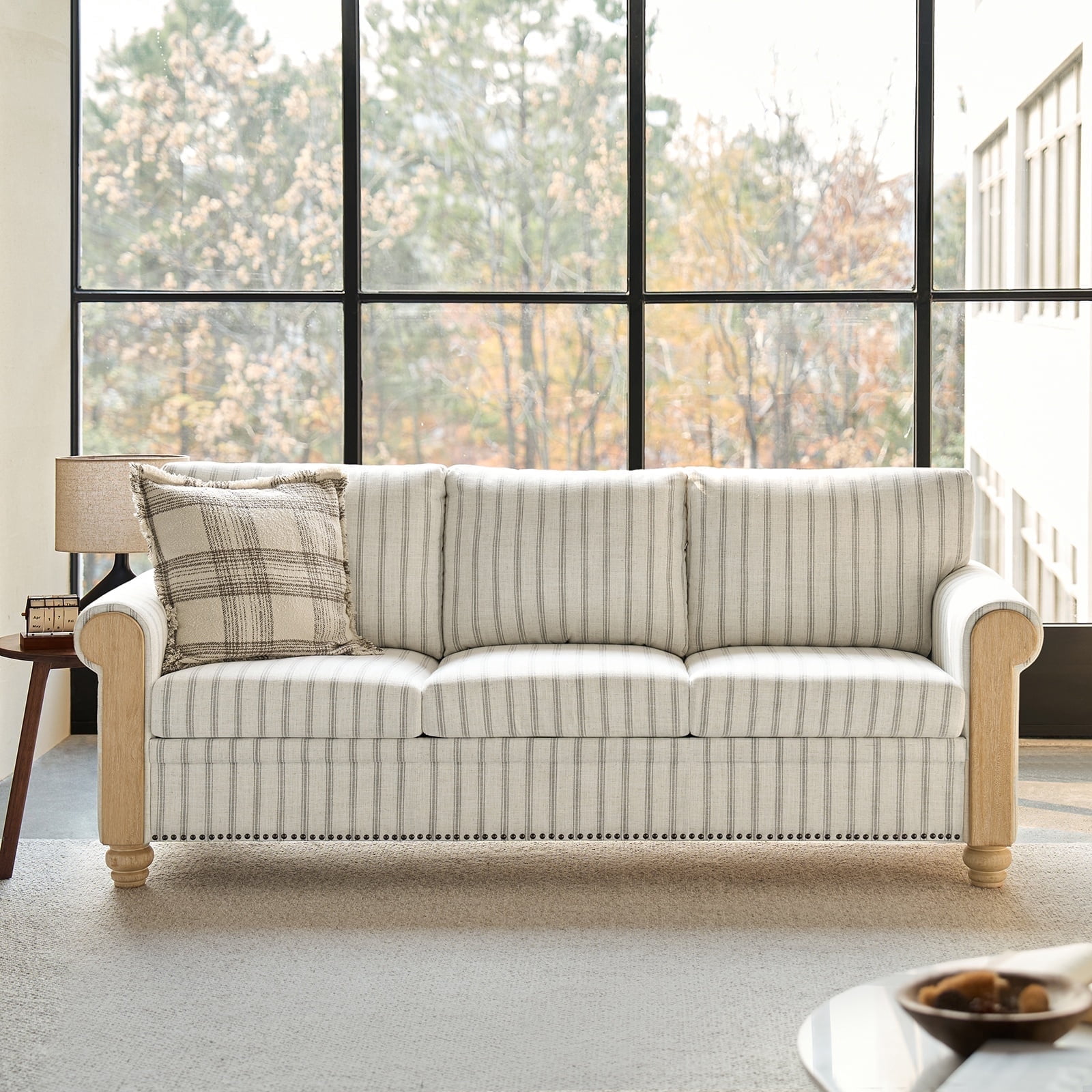 Tina's Home 81" Farmhouse 3-Seater Sofa with Rolled Arms, Upholstered Striped Linen Couch with Solid Wood Legs, Comfortable Living Room Sofa