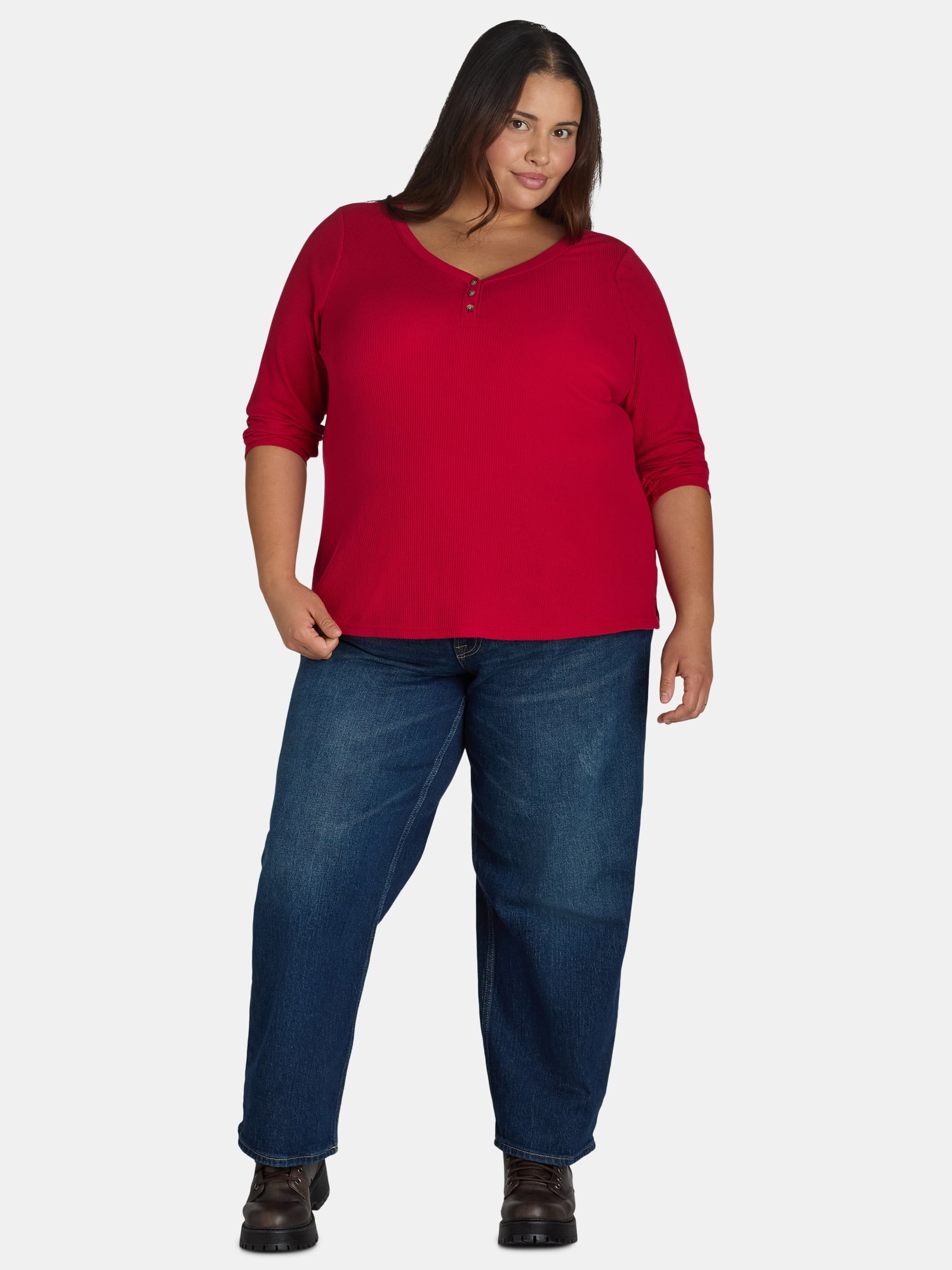 Terra & Sky Women's Plus Thermal Henley Top, Available in 1 and 2-Pack, Sizes 0X-5X