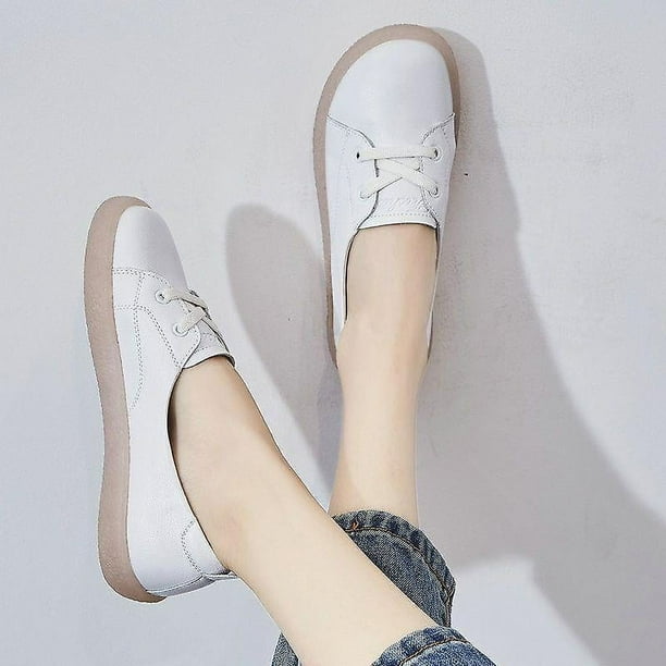 L Pink Zapatos de lona para mujer, mocasines planos blancos, zapatillas de verano, estilo transpirable, de cuero suave, zapatos planos individuales con fondo suave