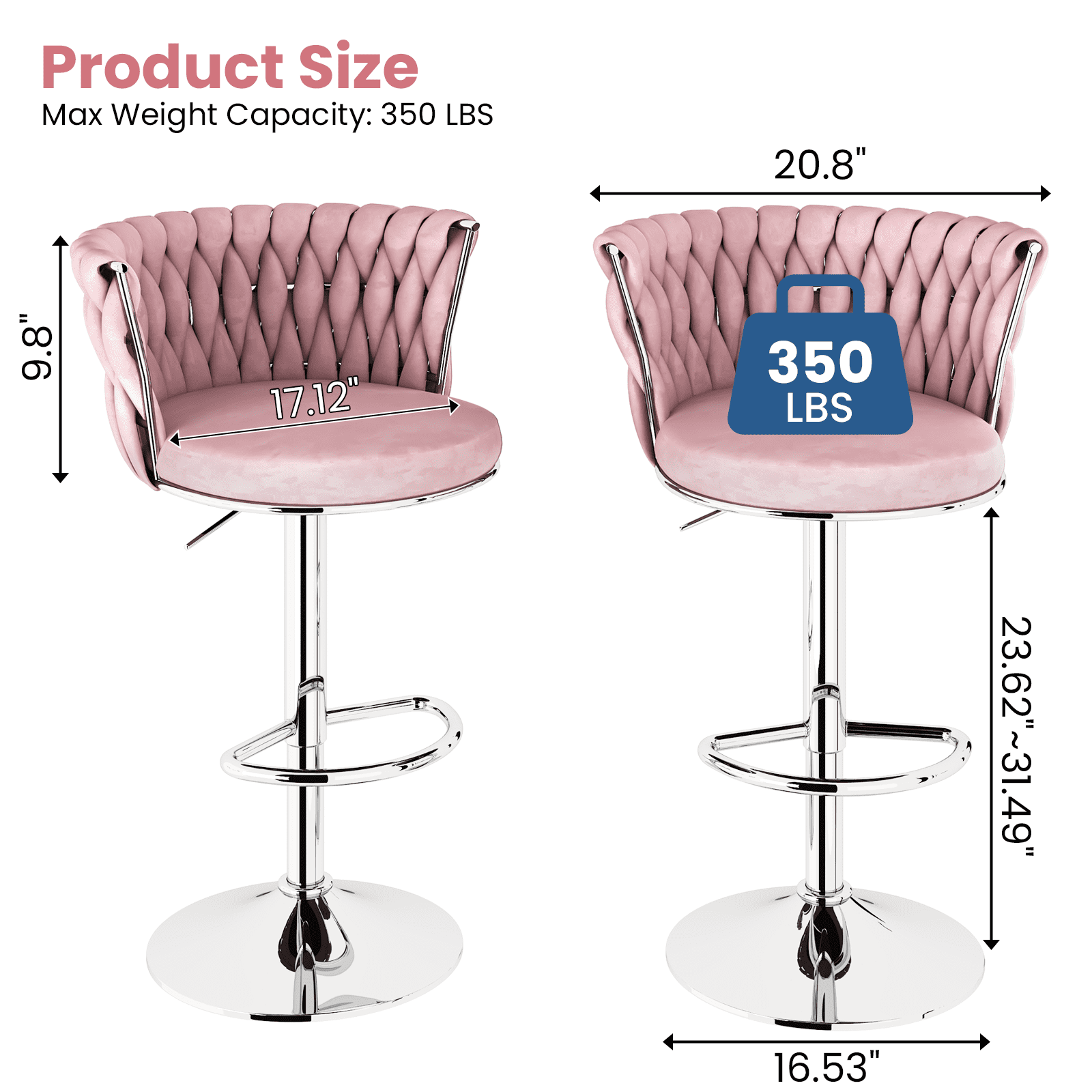 Mieres Velvet Bar Stools Set of 2, Adjustable Height Swivel Pub Chairs with Woven Back, Counter Height Dining Chairs with Footrest, 360° Rotating Kitchen Island Stools for Home & Bar, Pink