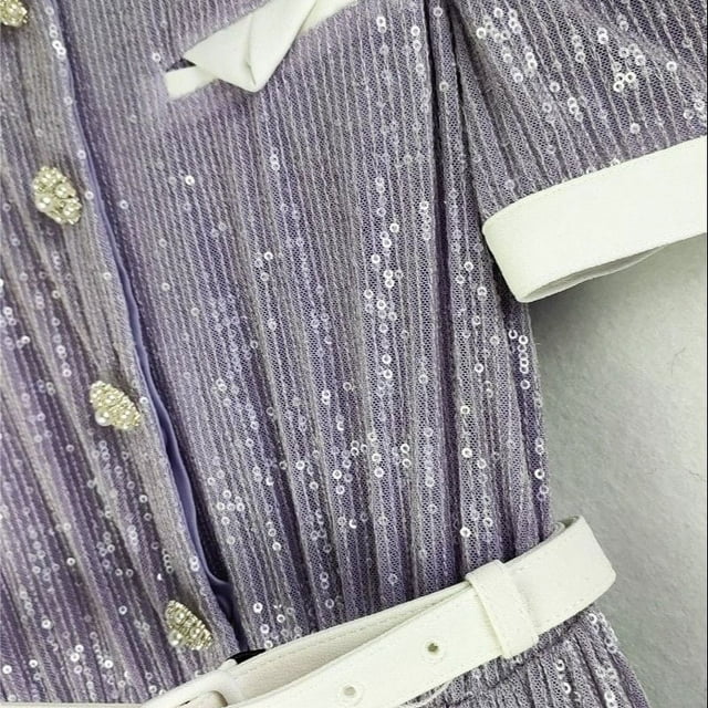 Turn-Down Collar Purple Midi Dress Contrast Color Trim Lady Short Sleeve Sequins Beaded Long Robe With Belt Elegant - Dress / M