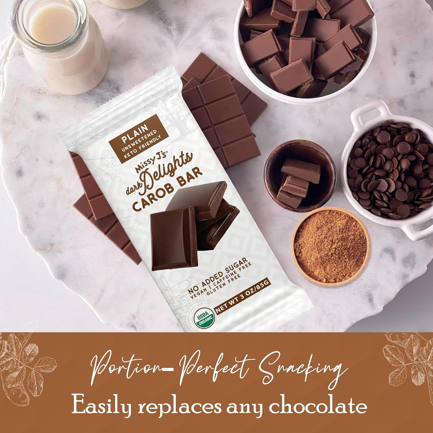 Missy J’s Organic Carob Unsweetened Plain Candy Bar Chocolate Substitute Healthy 3oz 6 Pack