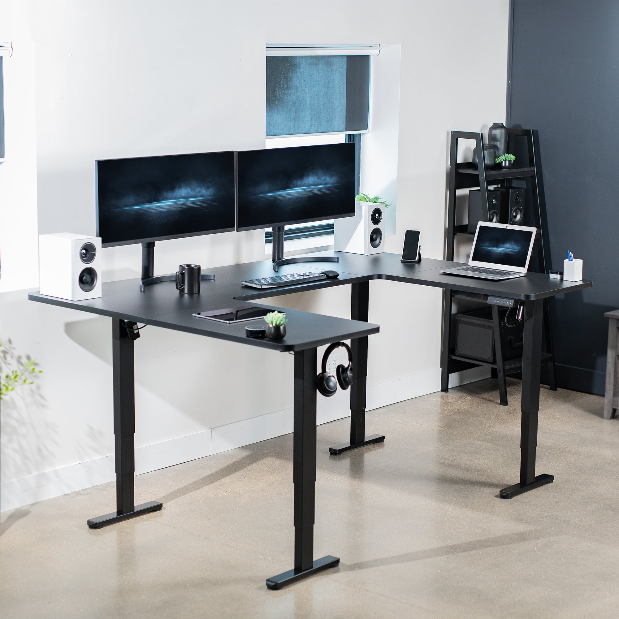 VIVO Black U-Shaped 83" x 60" Height Adjustable 4-Leg Electric Standing Desk