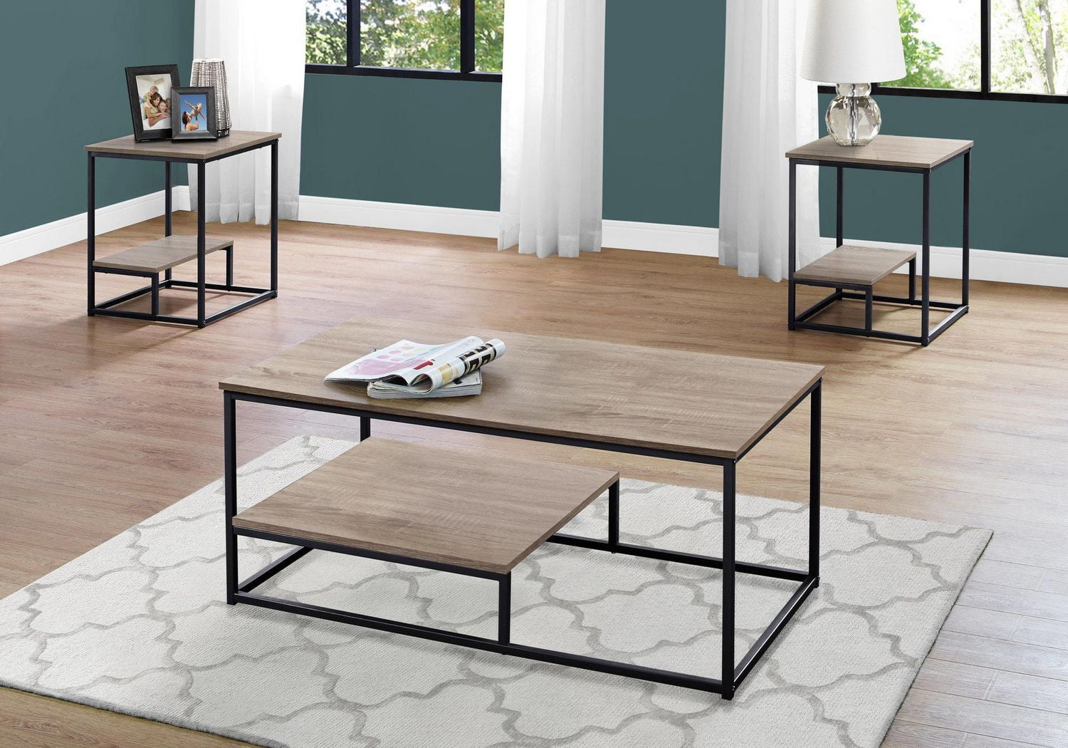 Monarch Specialties Table Set, 3pcs Set, Coffee, End, Side, Accent, Living Room, Metal, Laminate, Brown, Black, Contemporary, Modern