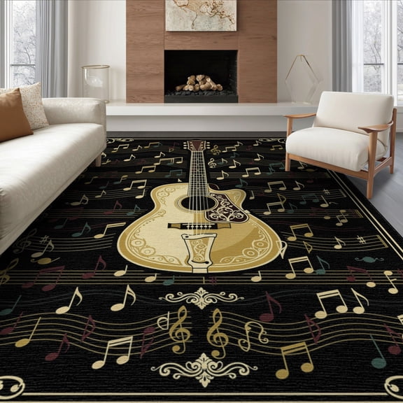 ODIKA 8'x10' Washable Area Rug Non-Shedding, Easy Care, Guitar Notes Retro Vintage Songbook Motif Note Acoustic Music Flowing Dynamic for King Size Bedroom Under Bed, Master Suite