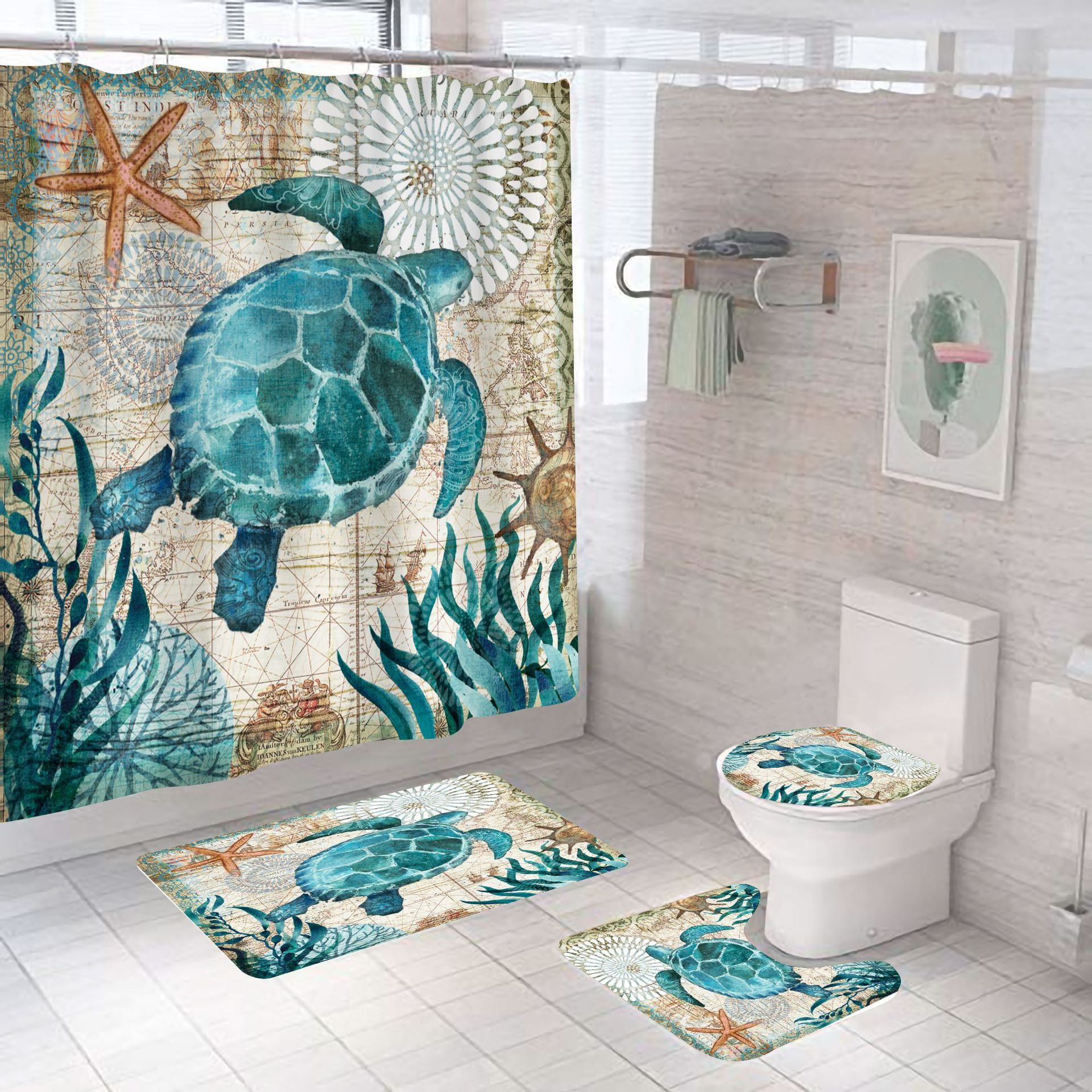 Funny Sea Animals Design Waterproof Bathroom Shower Curtains with Hooks for... 