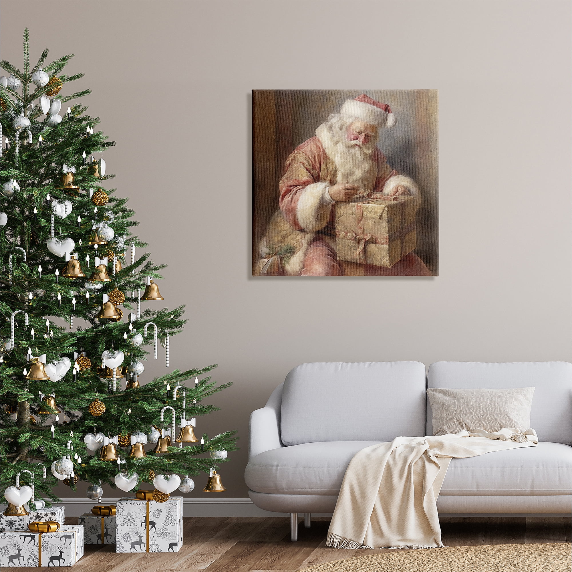 Stupell Industries Vintage Santa Wrapping Gift Holiday Painting Gallery Wrapped Canvas Art Print Wall Art, 30 x 30