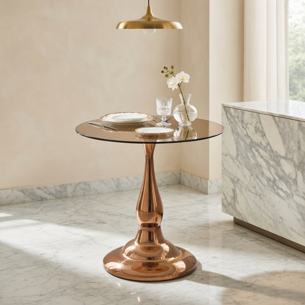 Hommoo Modern Metal Side Table with Tempered Glass Top, 20.3 in Height, 19.6 in Round Tabletop for Bedroom, Living Room, or Patio, Rose Gold