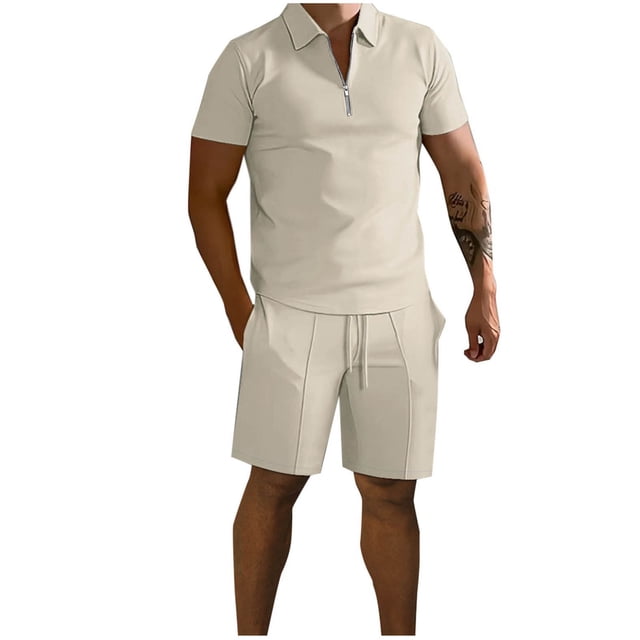 Mens Pantalones Casuales Sólido de Pie Cuello Cremallera Set Deportivo con Manga Corta Solapa Y Pantalones Cortos