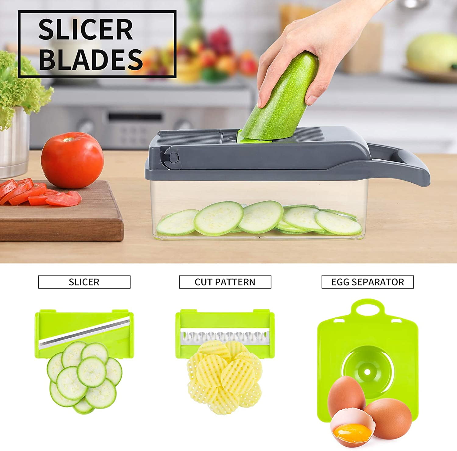  RüK Vegetable Chopper Slicer Onion Dicer, Multi 22-in-1 Veggie  Mandoline Food Cutter for Tomato Fruit with Lemon Squeezer, E-Recipe, 11  Blades, Egg Separator & Slicer, Container: Home & Kitchen