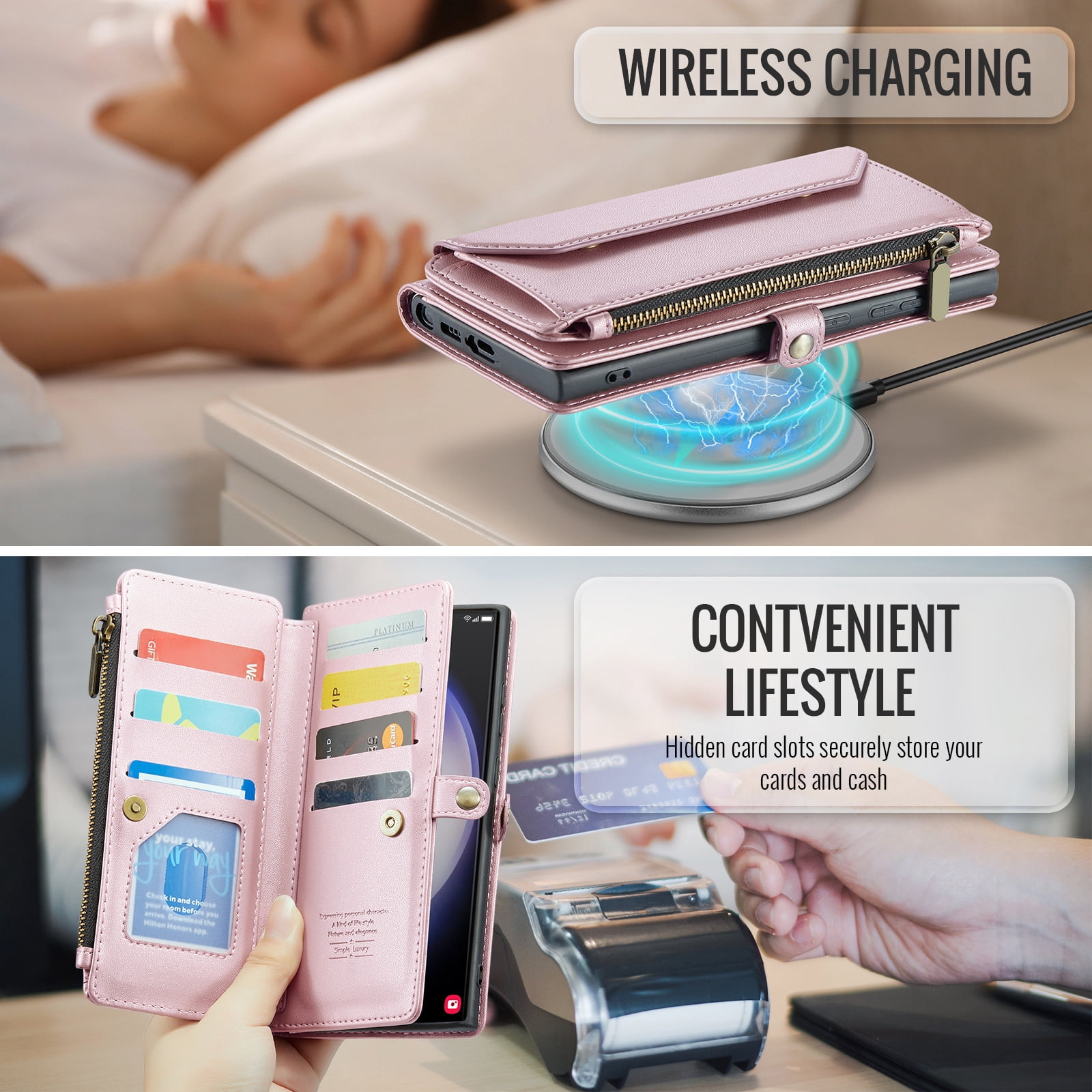 Compatible with Samsung Galaxy S23 Ultra 5G Zipper Wallet Phone Case Tempered Glass Screen Protector Crossbody Lanyard Strap Flip Card Holder Slot Cell Cover for S23Ultra 23S S 23 6.8 Women Rose Gold