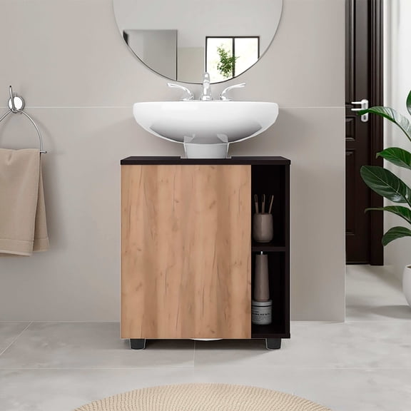 Bathroom Vanity Wenge and Natural Oak 1-Door Pedestal Sink Cabinet,Bathroom Vanity Set