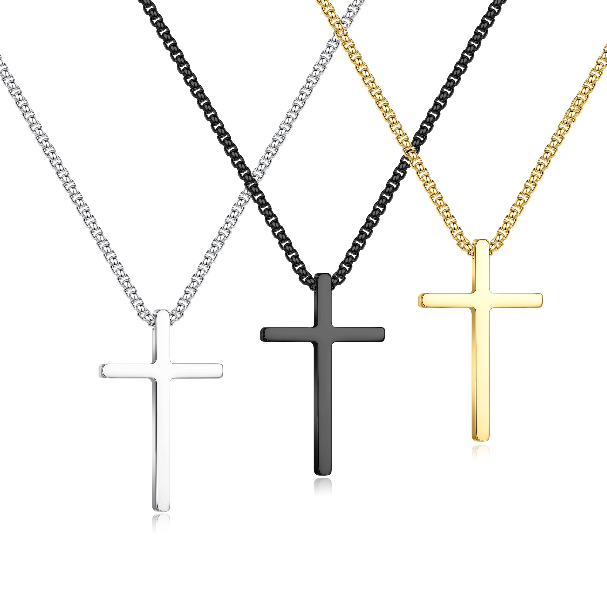 Turandoss Gold Silver Black Cross Necklaces for Men Boys 3Pcs Pendant Chain Jewelry Set Christian Religious Teacher Appreciation Graduation Fathers Day Gifts for Him Her Men Son Dad Boys Girls