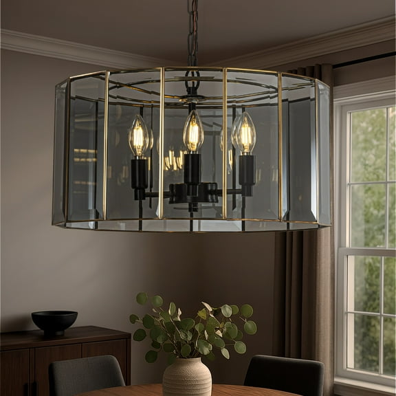 5-Light 20'' Modern Smoked Glass Drum Brass Chandelier Dimmable and Ajustable For Dining Room Living Room